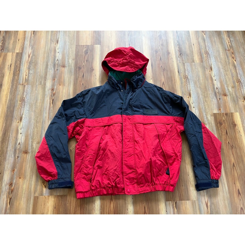VTG Eddie Bauer Mens XL Tall Red Navy Blue Colorblock Hooded Windbreaker Jacket